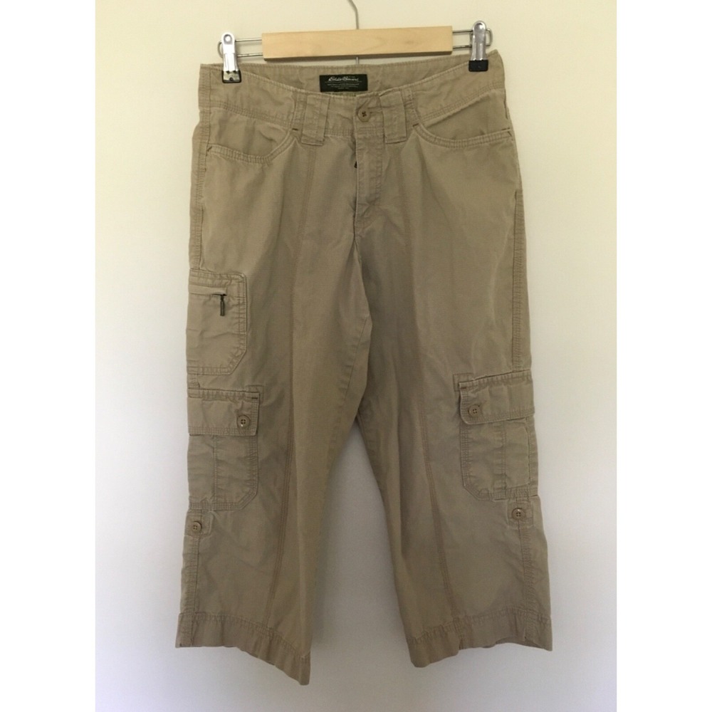 Eddie Bauer Organic cotton Ripstop roll tab cargo capri pants Sz 2 Beige Hiking